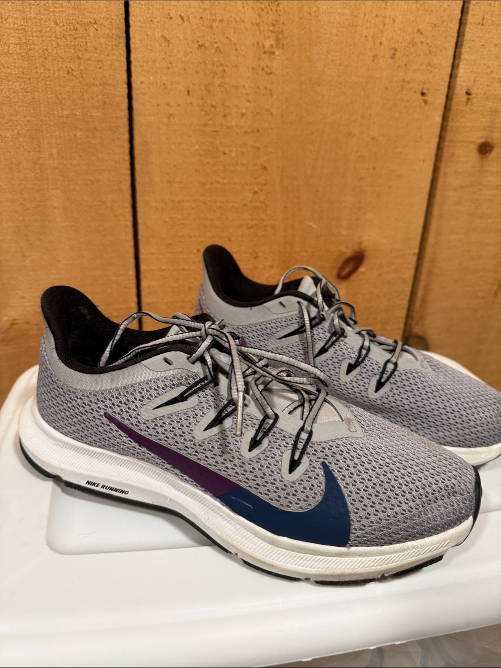 Nike Women’s Grey Running Sneakers with Navy & Purple Swoosh